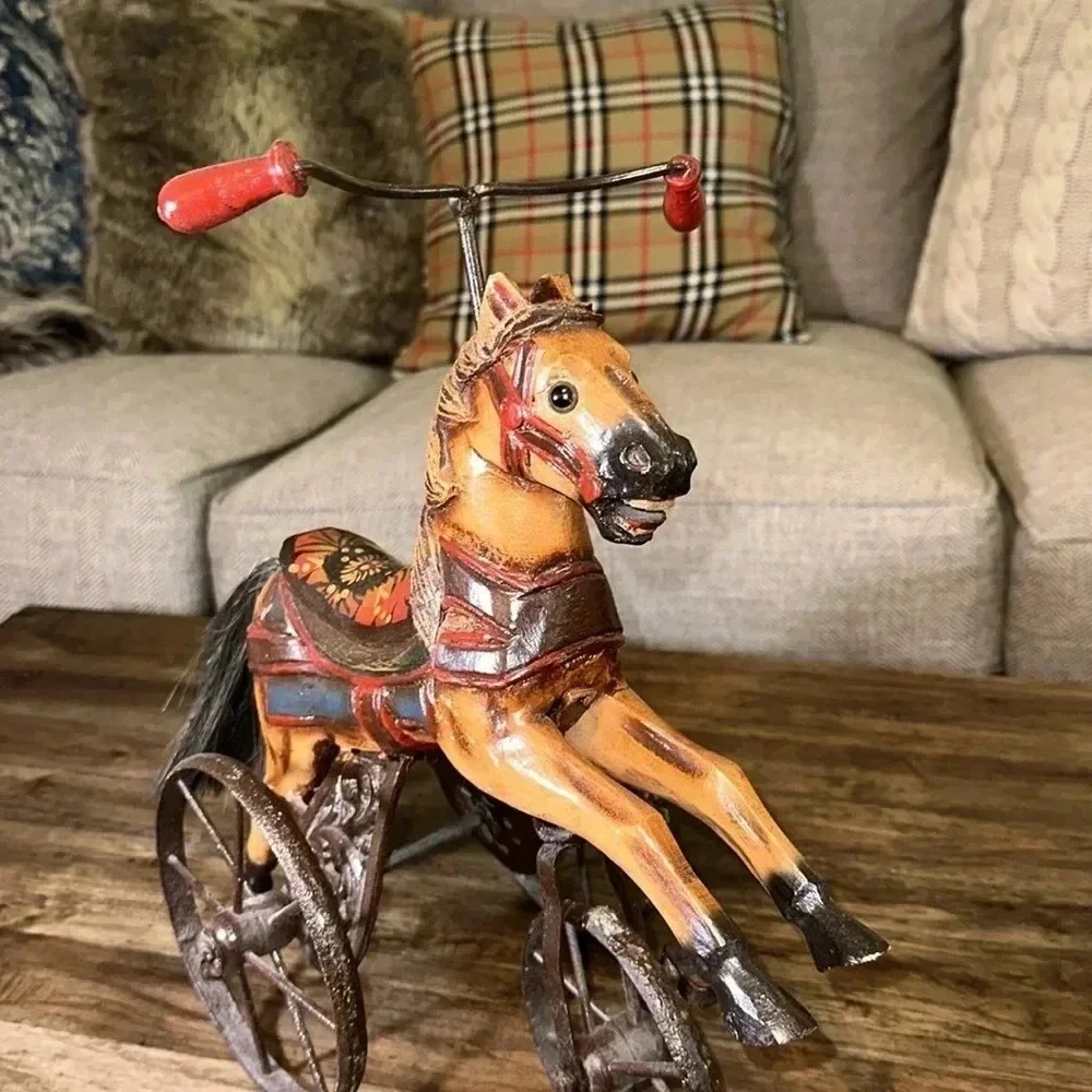 Antique/Vintage Wooden Horse Tricycle Decorative Accent Beautiful Iron Wheels - Picture 6 of 17